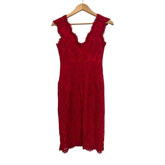 Tadashi Shoji Red Lace Cocktail Midi Dress Womens 4 Whimsigoth Romantic Floral - Picture 2 of 16
